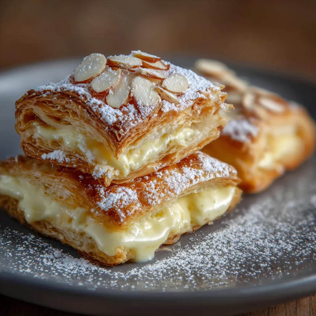 Feuilleté doré à la crème pâtissière et aux amandes croustillantes sortant du four