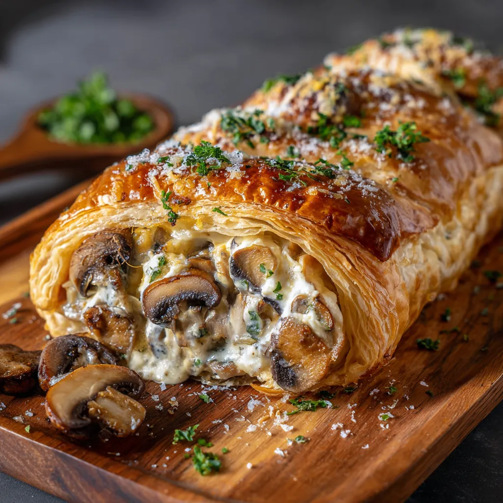 Feuilleté aux champignons doré et croustillant sorti du four, garni d’un mélange crémeux de champignons à la crème