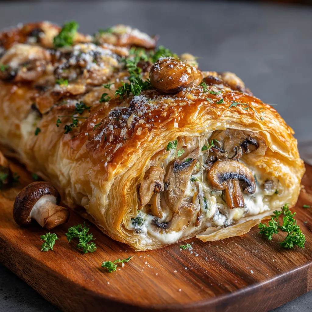 Feuilleté aux champignons doré et croustillant sorti du four, garni d’un mélange crémeux de champignons à la crème