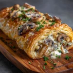 Feuilleté aux champignons doré et croustillant sorti du four, garni d’un mélange crémeux de champignons à la crème