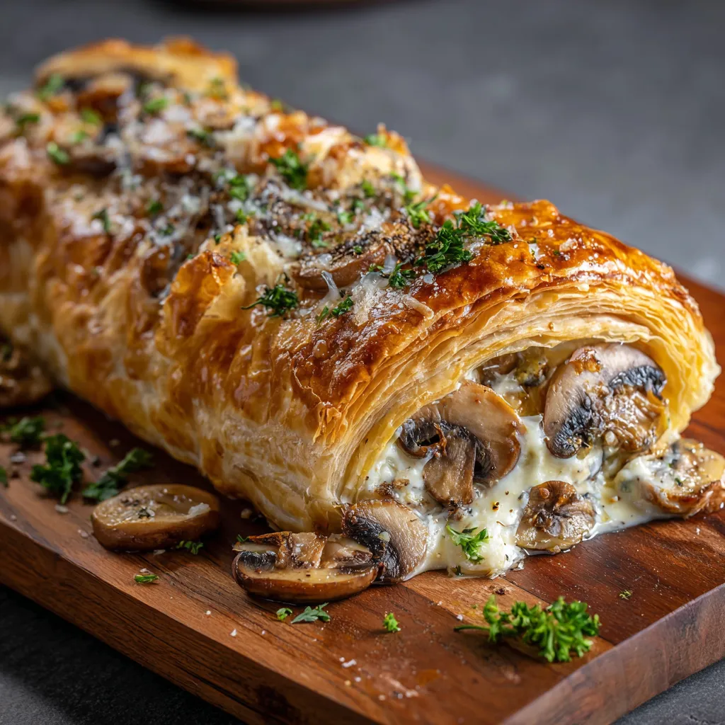 Feuilleté aux champignons doré et croustillant sorti du four, garni d’un mélange crémeux de champignons à la crème