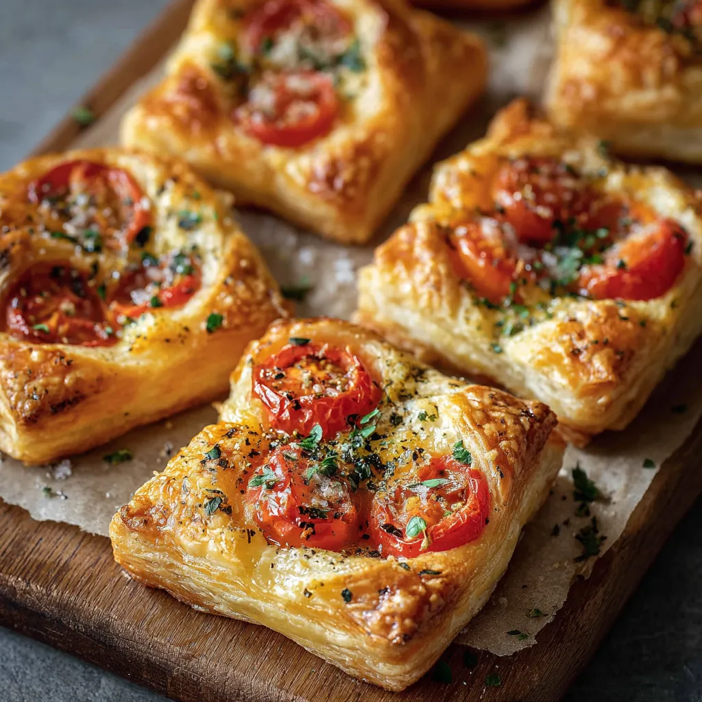 Feuilletés dorés aux tomates cerises et fromage fondant sortant du four sur une plaque