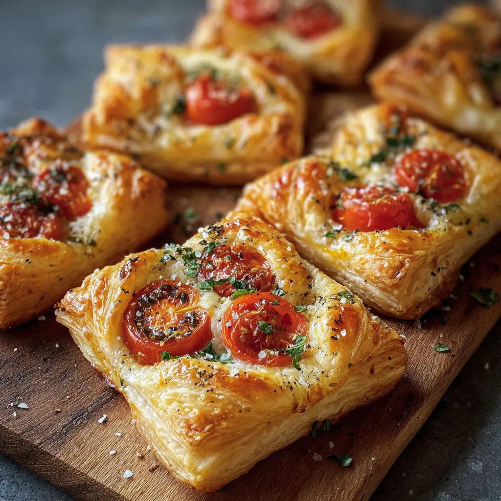 Feuilletés dorés aux tomates cerises et fromage fondant sortant du four sur une plaque