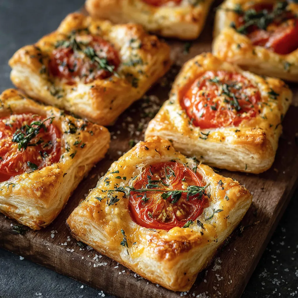 Feuilletés dorés aux tomates cerises et fromage fondant sortant du four sur une plaque