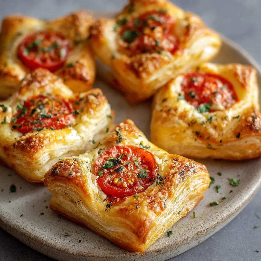 Feuilletés dorés aux tomates cerises et fromage fondant sortant du four sur une plaque