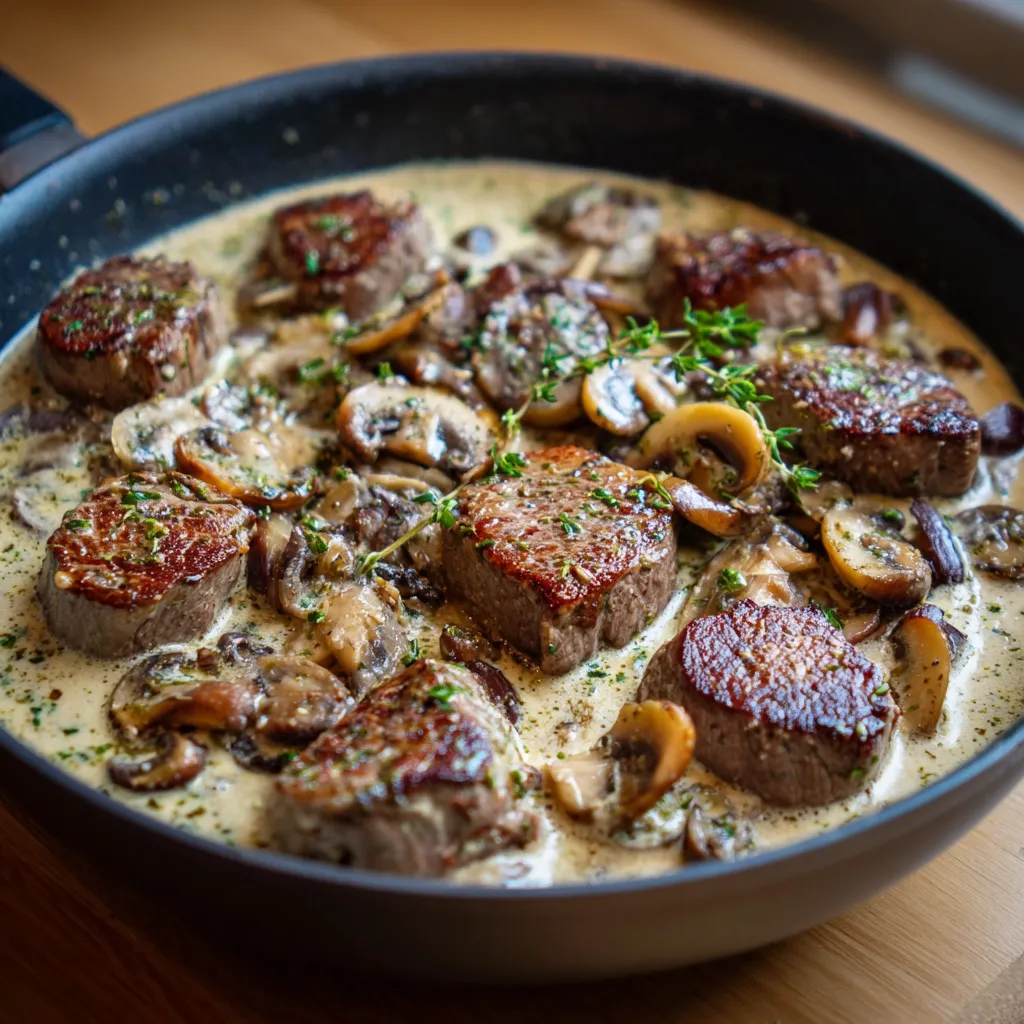 Filet de bœuf nappé de sauce crémeuse au Boursin avec champignons sautés en poêle