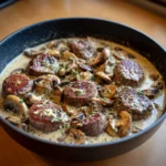 Filet de bœuf nappé de sauce crémeuse au Boursin avec champignons sautés en poêle