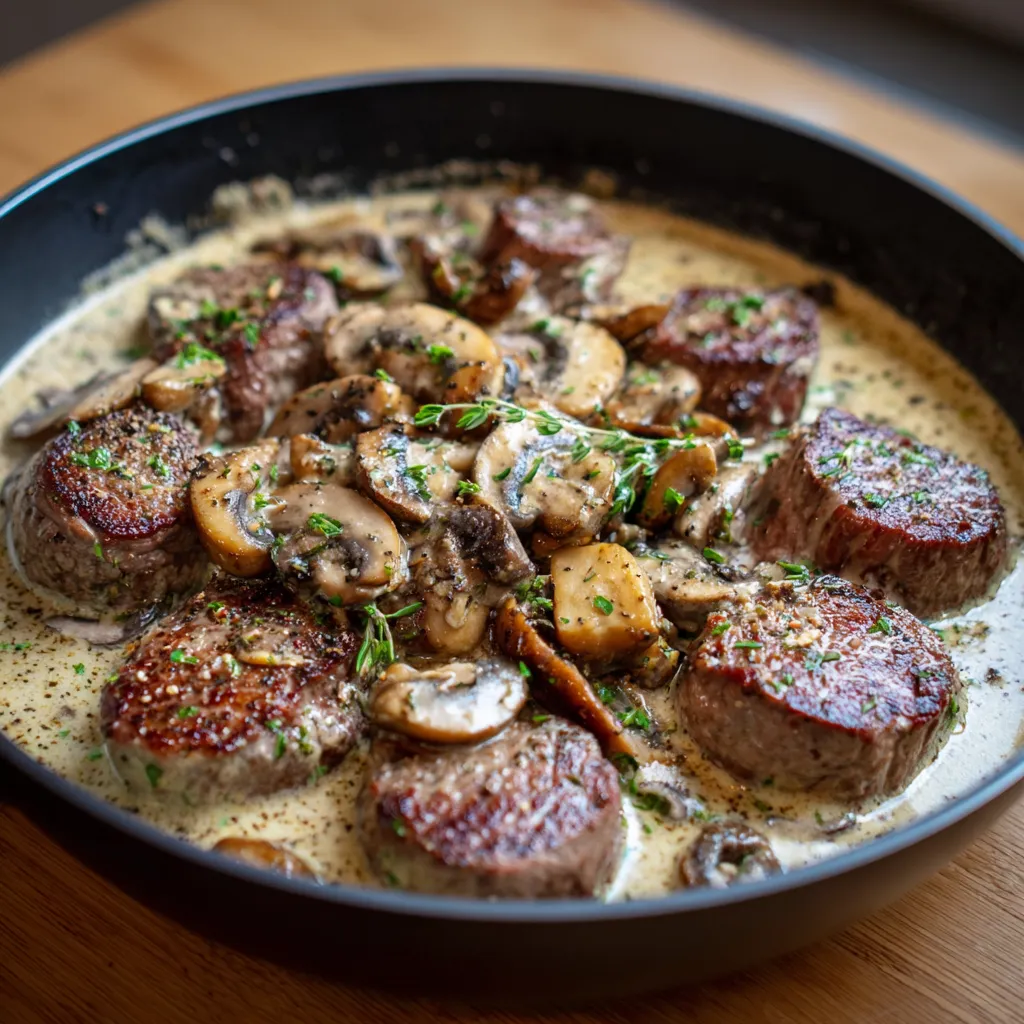 Filet de bœuf nappé de sauce crémeuse au Boursin avec champignons sautés en poêle