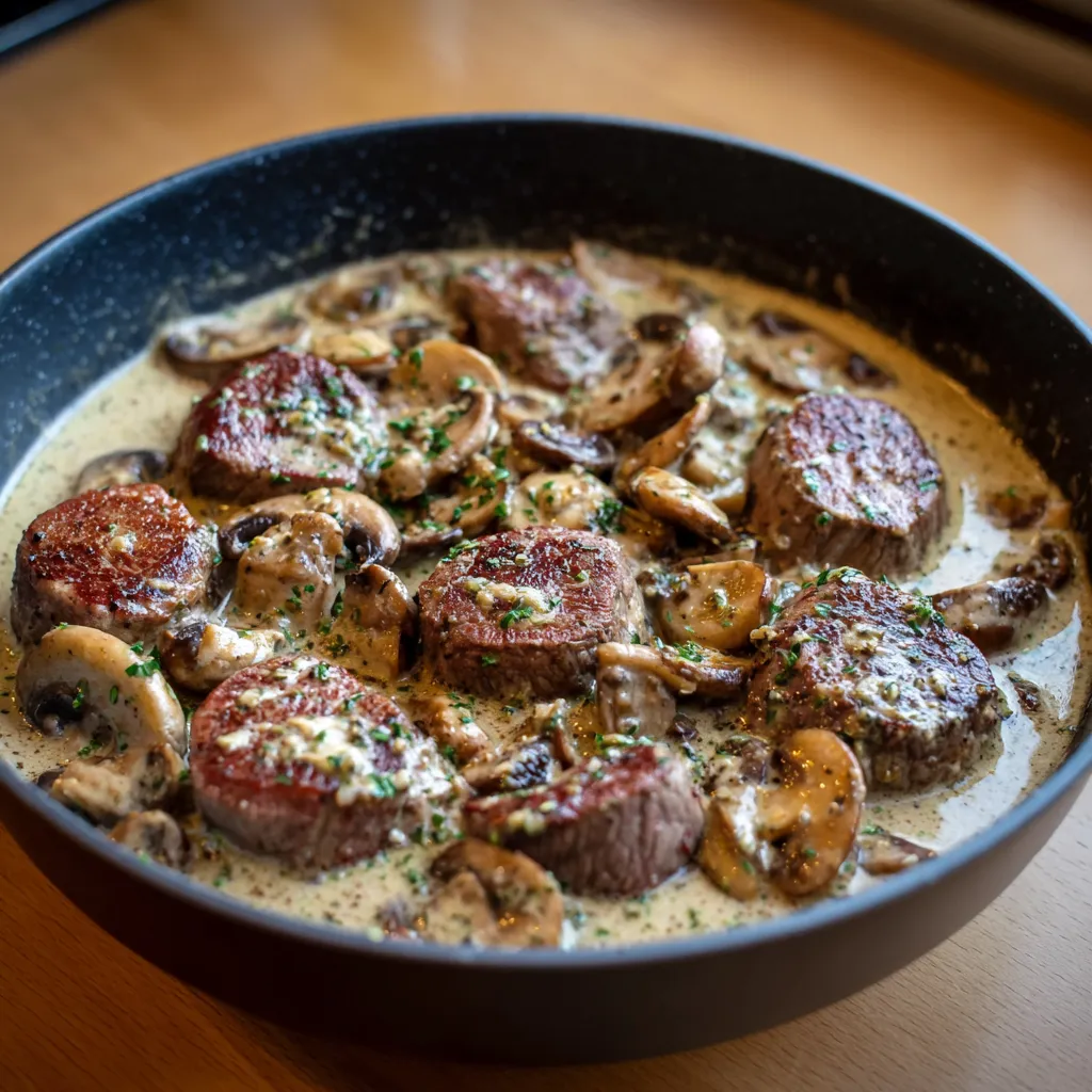 Filet de bœuf nappé de sauce crémeuse au Boursin avec champignons sautés en poêle