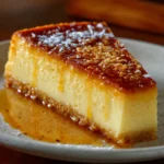 Flan antillais à la noix de coco démoulé, nappé de caramel doré dans une assiette blanche.
