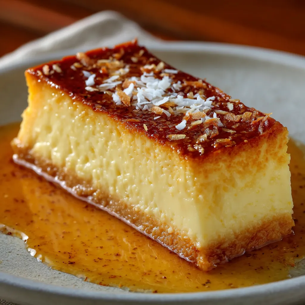 Flan antillais à la noix de coco démoulé, nappé de caramel doré dans une assiette blanche.