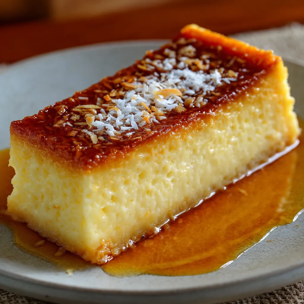 Flan antillais à la noix de coco démoulé, nappé de caramel doré dans une assiette blanche.