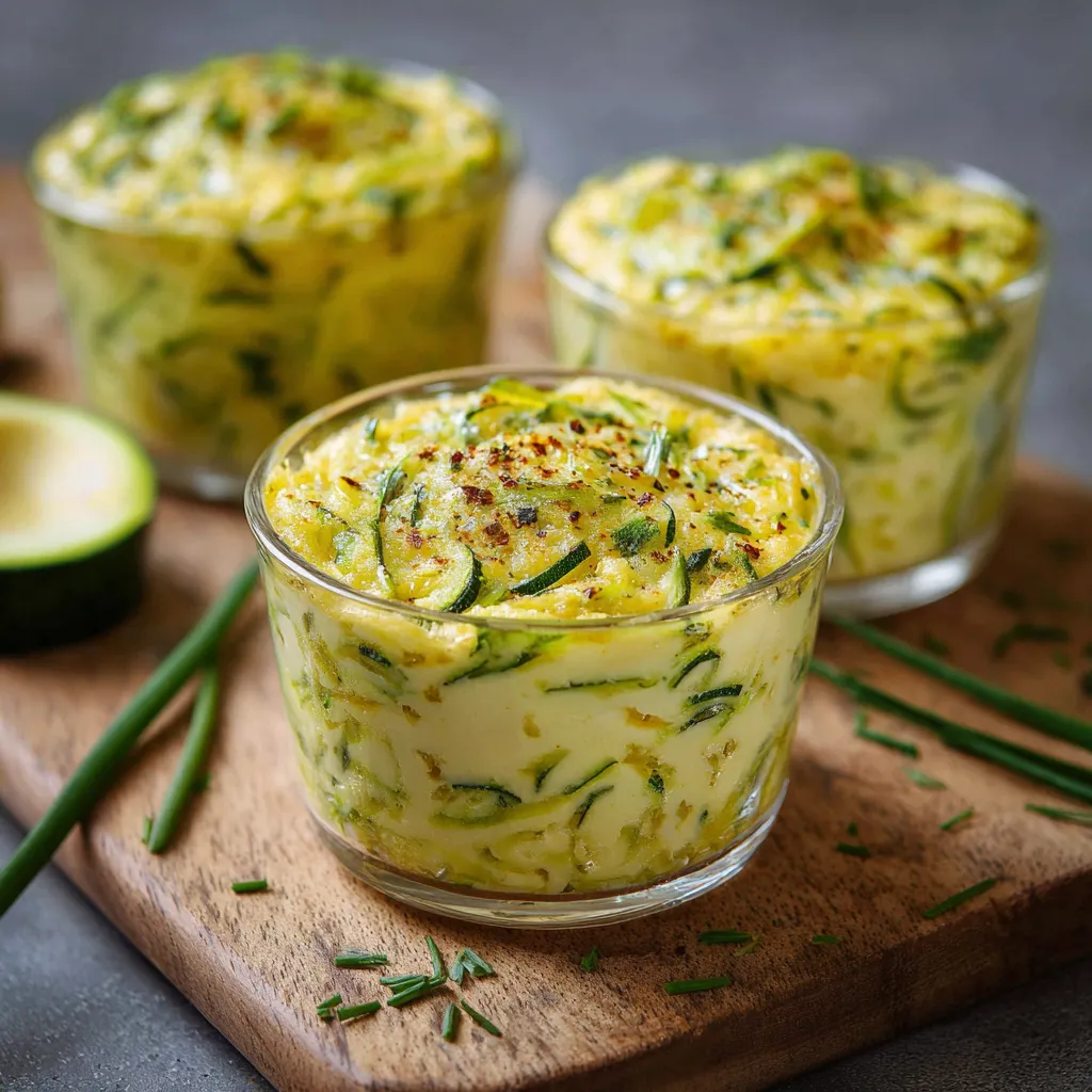 Flan courgette express servi en verrines individuelles, doré au four et présenté avec salade verte