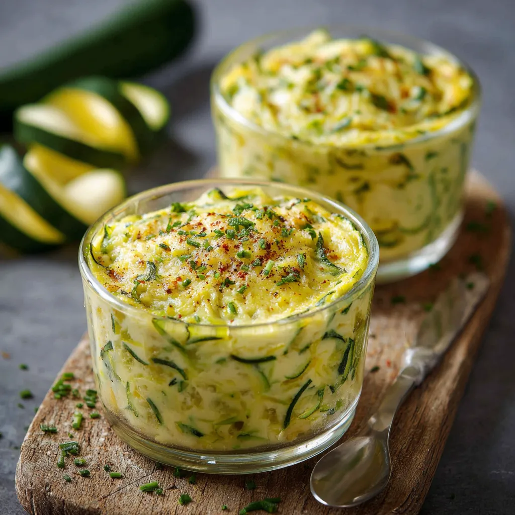 Flan courgette express servi en verrines individuelles, doré au four et présenté avec salade verte