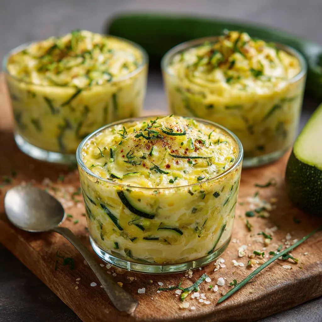 Flan courgette express servi en verrines individuelles, doré au four et présenté avec salade verte