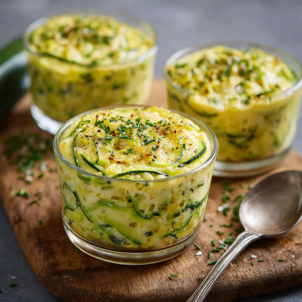 Flan courgette express servi en verrines individuelles, doré au four et présenté avec salade verte