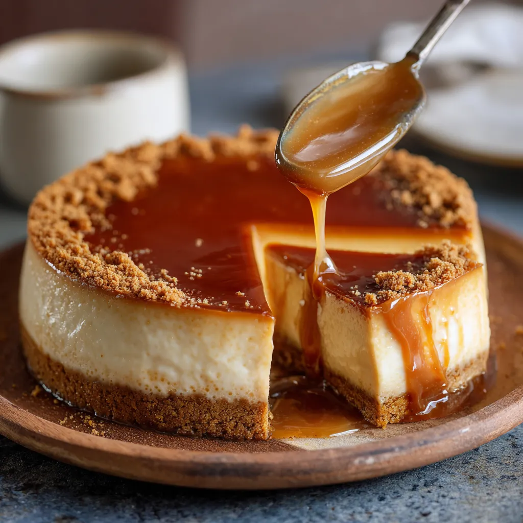 Flan au spéculoos nappé de caramel doré présenté sur une assiette blanche