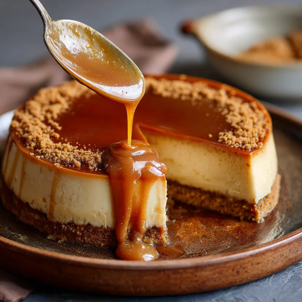 Flan au spéculoos nappé de caramel doré présenté sur une assiette blanche