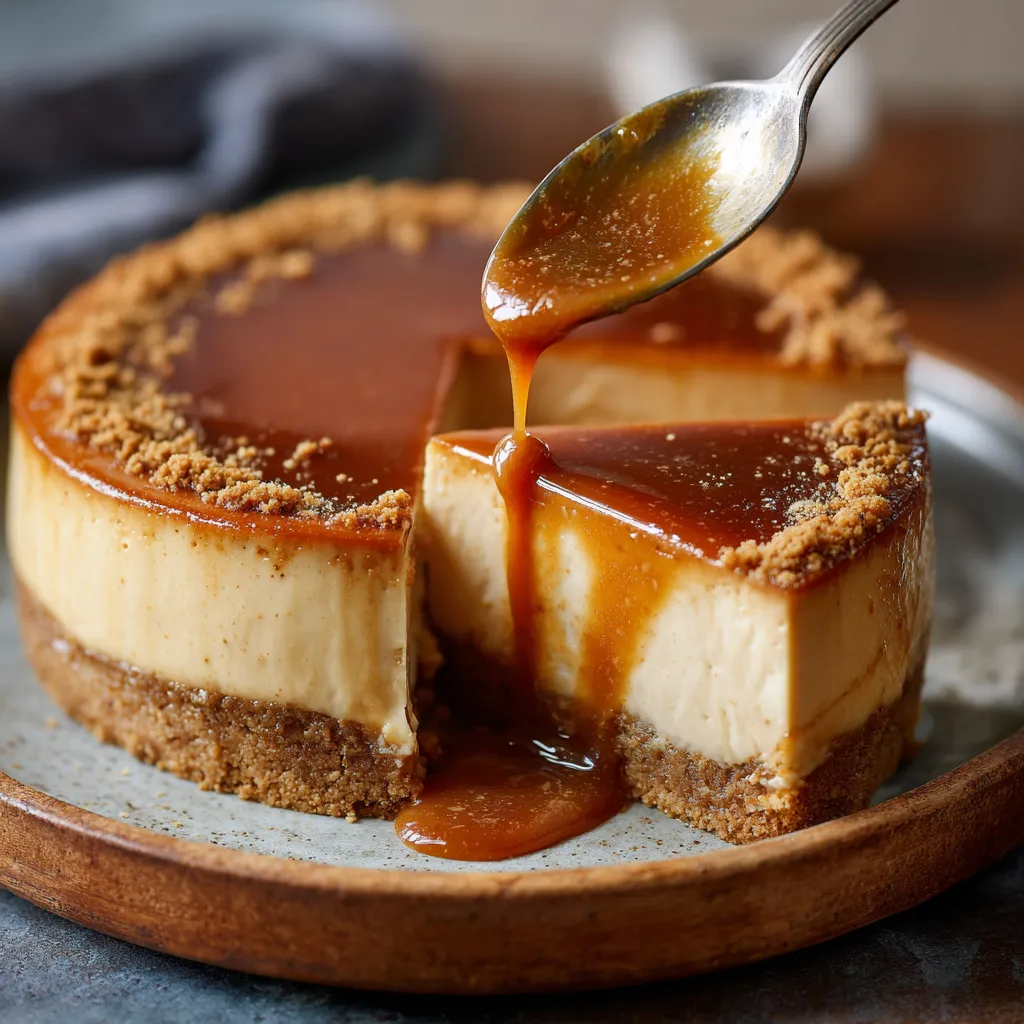 Flan au spéculoos nappé de caramel doré présenté sur une assiette blanche
