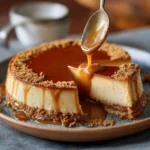 Flan au spéculoos nappé de caramel doré présenté sur une assiette blanche
