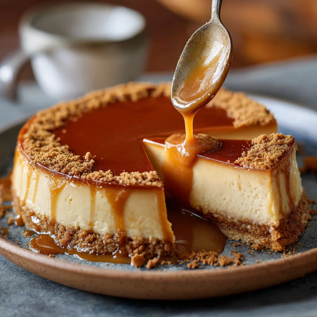 Flan au spéculoos nappé de caramel doré présenté sur une assiette blanche