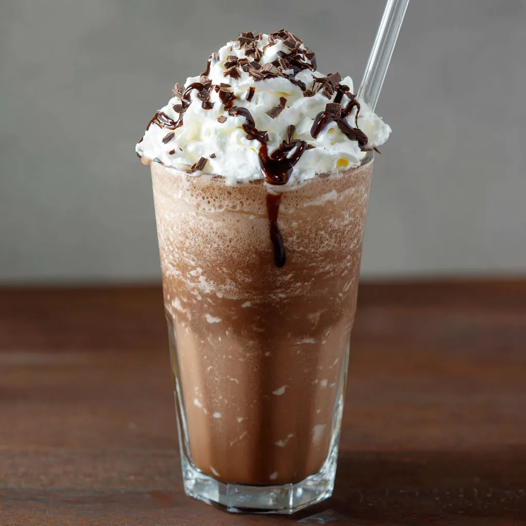 Frappuccino au chocolat maison dans un grand verre avec chantilly et copeaux de chocolat