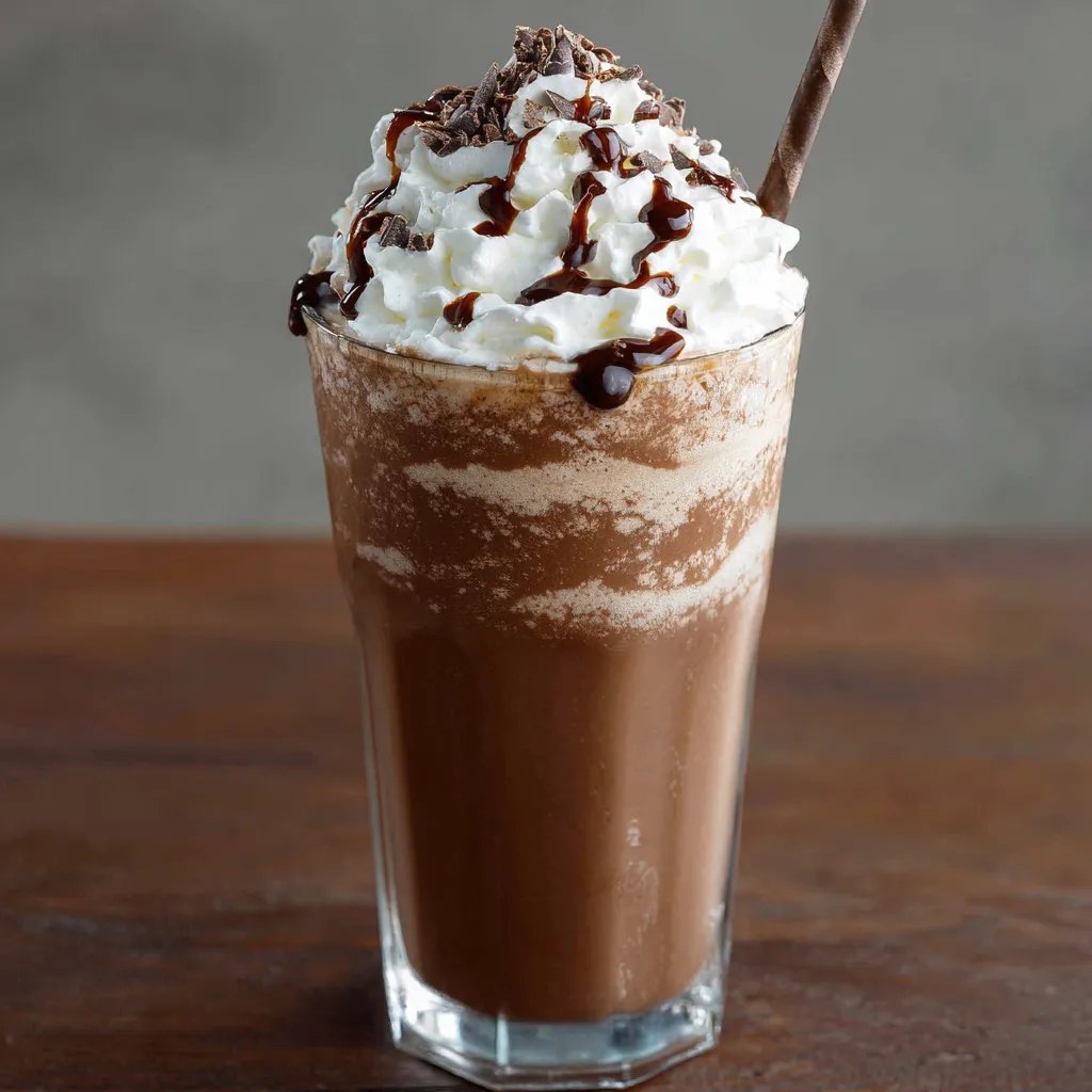 Frappuccino au chocolat maison dans un grand verre avec chantilly et copeaux de chocolat