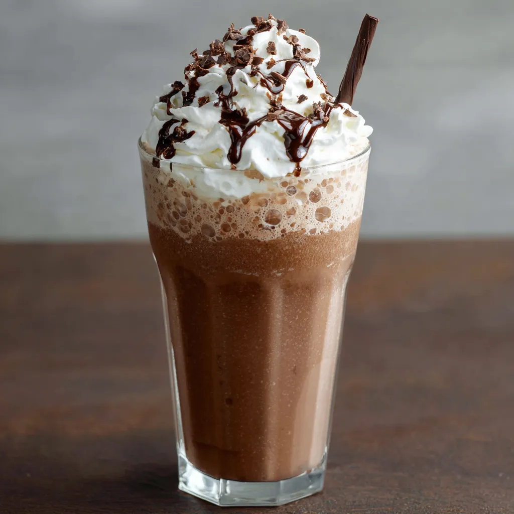 Frappuccino au chocolat maison dans un grand verre avec chantilly et copeaux de chocolat
