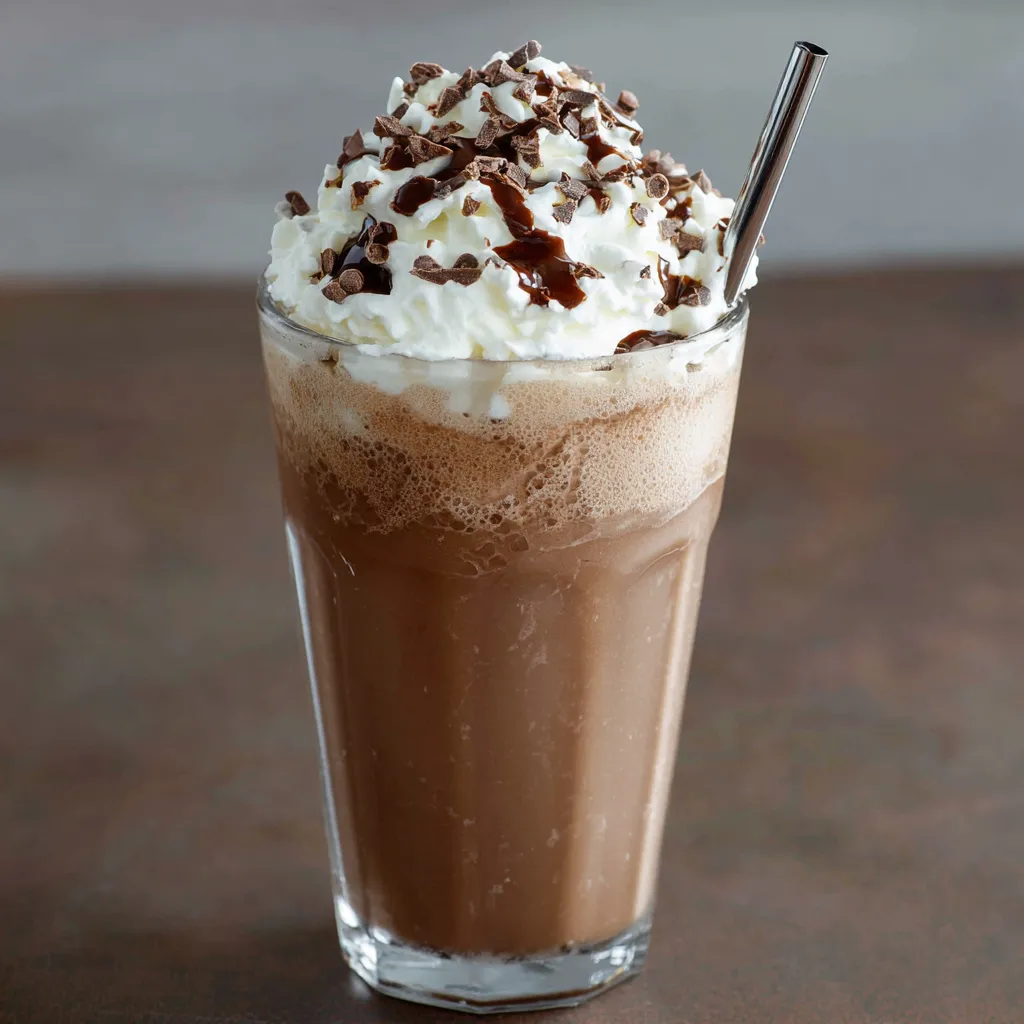Frappuccino au chocolat maison dans un grand verre avec chantilly et copeaux de chocolat