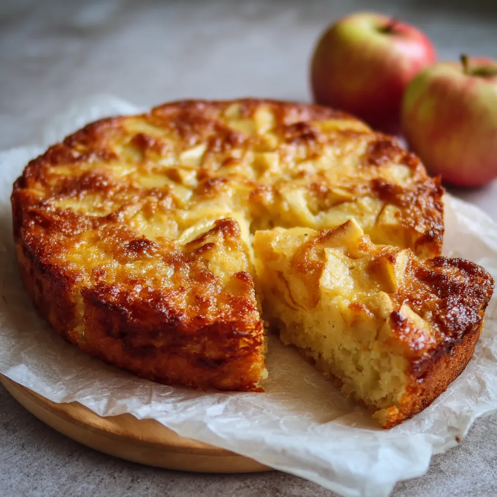 Tranche de gâteau aux pommes sans sucre et sans beurre posée sur une assiette blanche avec une fourchette