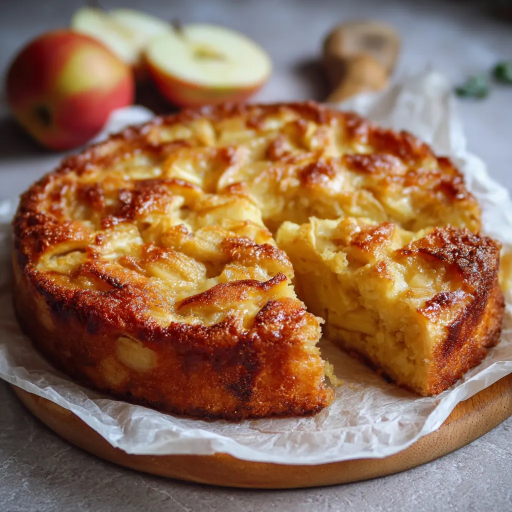 Tranche de gâteau aux pommes sans sucre et sans beurre posée sur une assiette blanche avec une fourchette