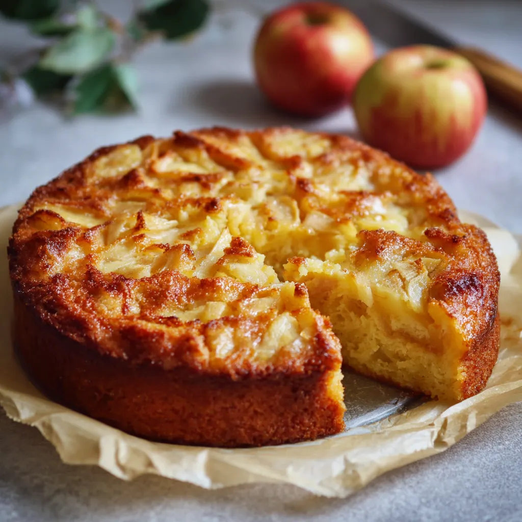 Tranche de gâteau aux pommes sans sucre et sans beurre posée sur une assiette blanche avec une fourchette