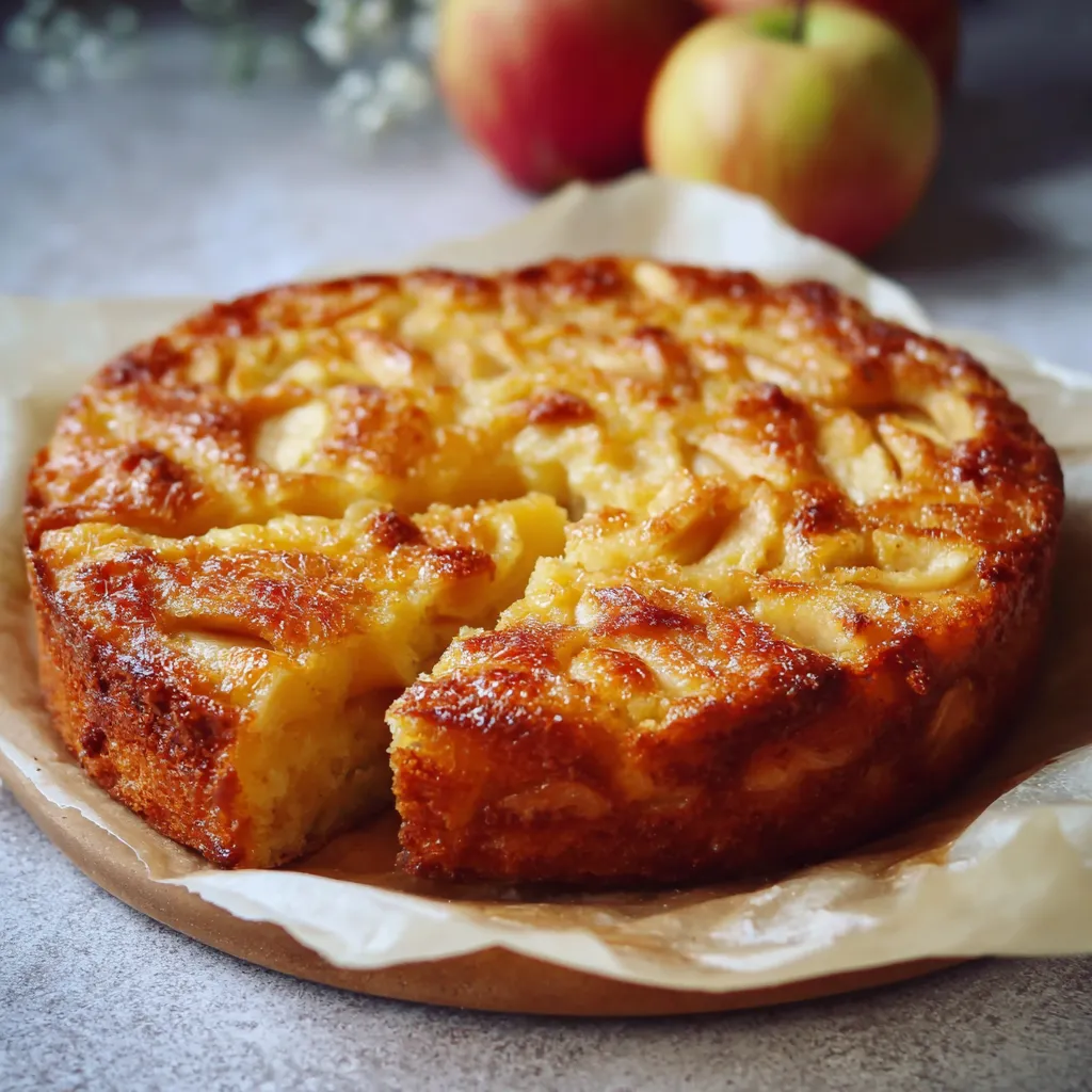 Tranche de gâteau aux pommes sans sucre et sans beurre posée sur une assiette blanche avec une fourchette
