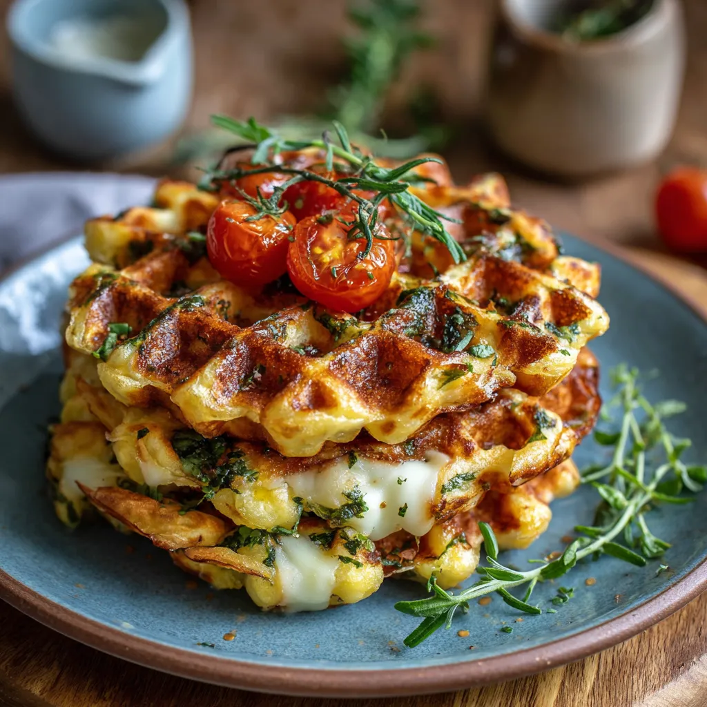 Gaufres de légumes au fromage mozzarella dorées et croustillantes servies avec une salade verte