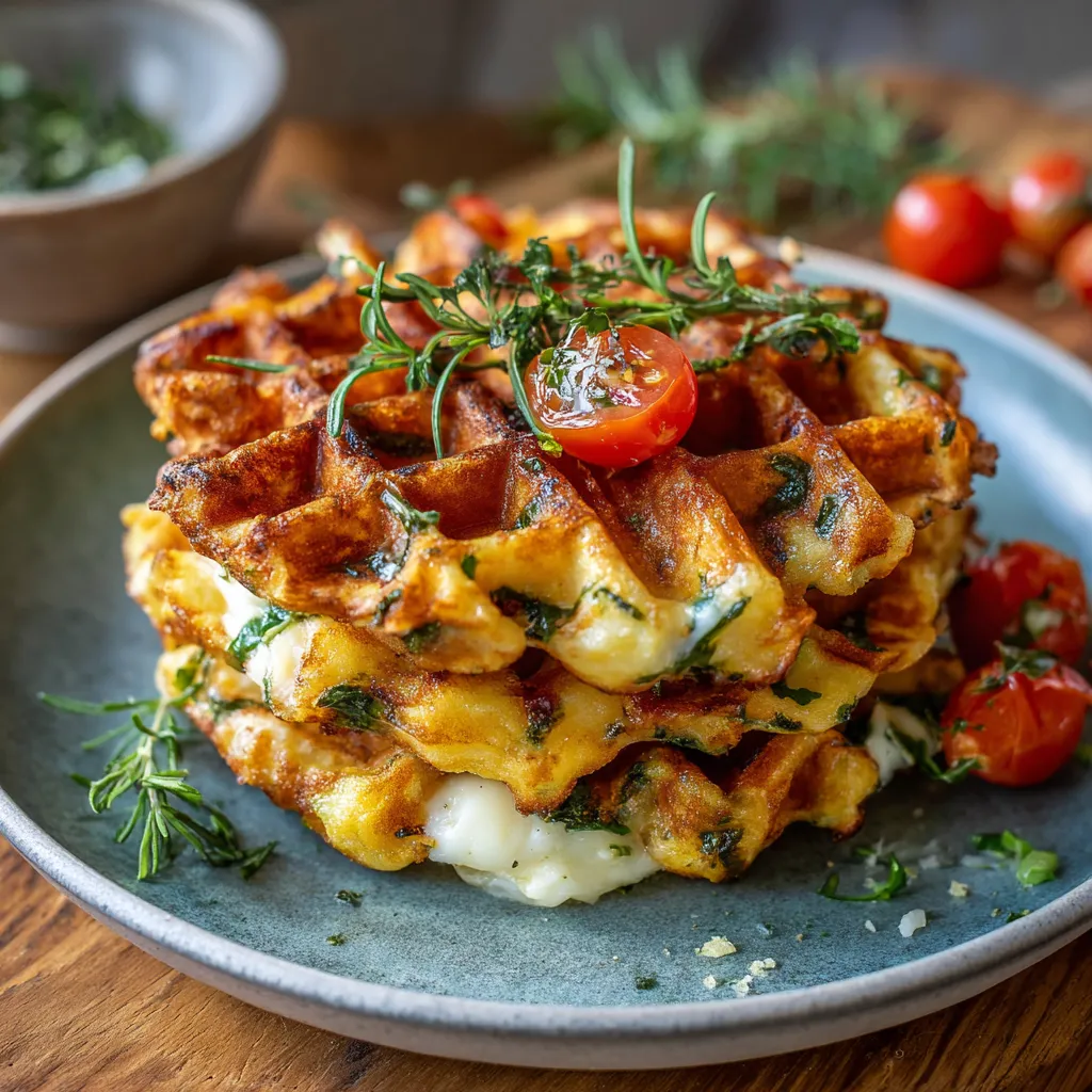Gaufres de légumes au fromage mozzarella dorées et croustillantes servies avec une salade verte