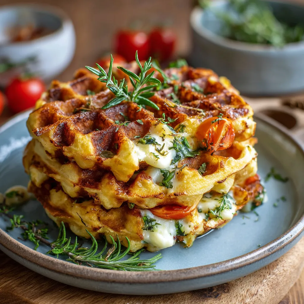 Gaufres de légumes au fromage mozzarella dorées et croustillantes servies avec une salade verte