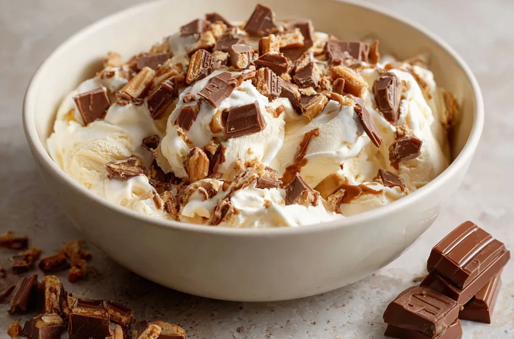 Glace Kinder Bueno maison crémeuse décorée de morceaux de Kinder