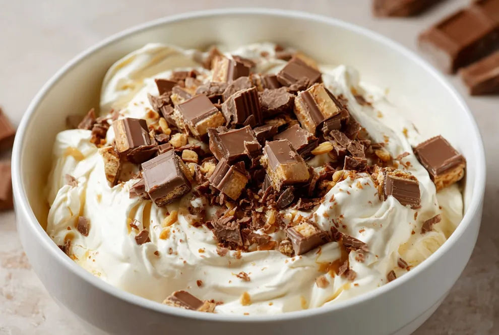 Glace Kinder Bueno maison crémeuse décorée de morceaux de Kinder