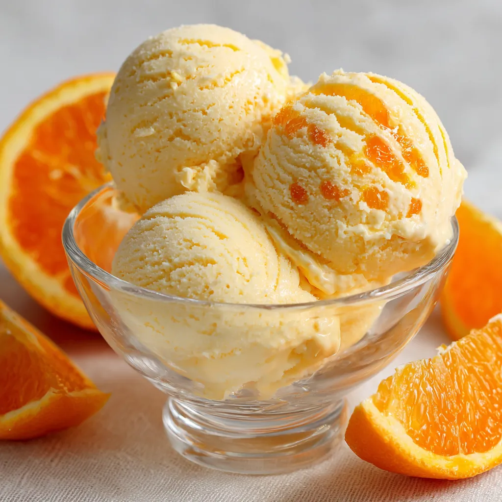 Glace à l’orange maison dans un bol, servie crémeuse avec morceaux d’orange