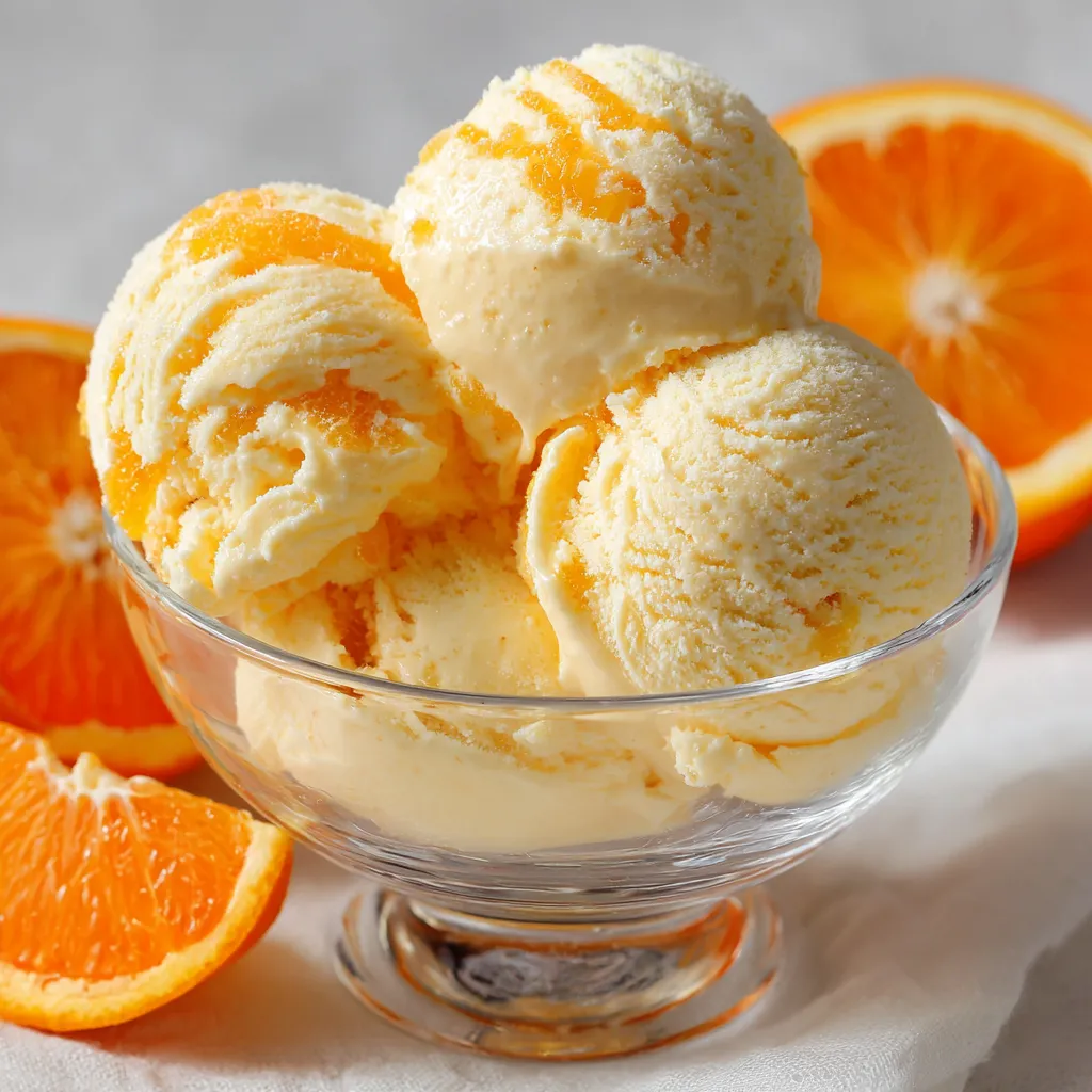 Glace à l’orange maison dans un bol, servie crémeuse avec morceaux d’orange