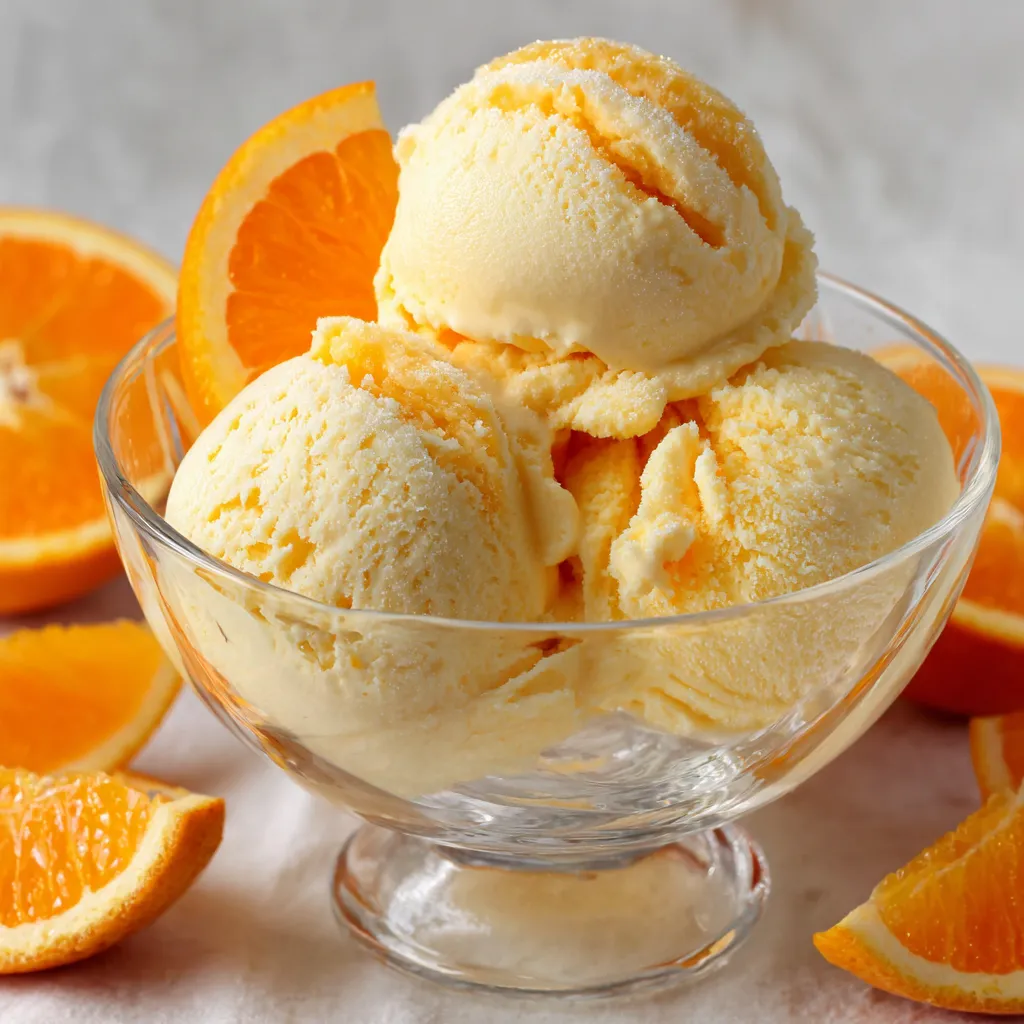 Glace à l’orange maison dans un bol, servie crémeuse avec morceaux d’orange