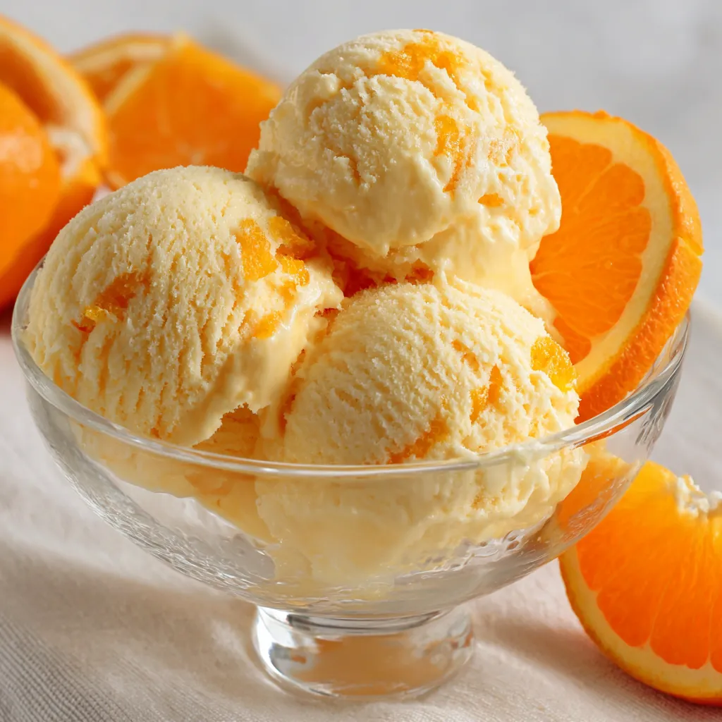 Glace à l’orange maison dans un bol, servie crémeuse avec morceaux d’orange