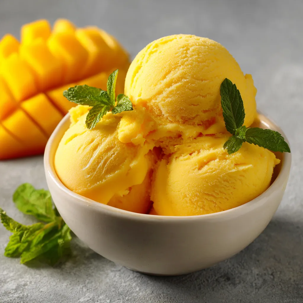 Glace à la mangue maison crémeuse servie dans un bol blanc avec des morceaux de mangue fraîche en décoration