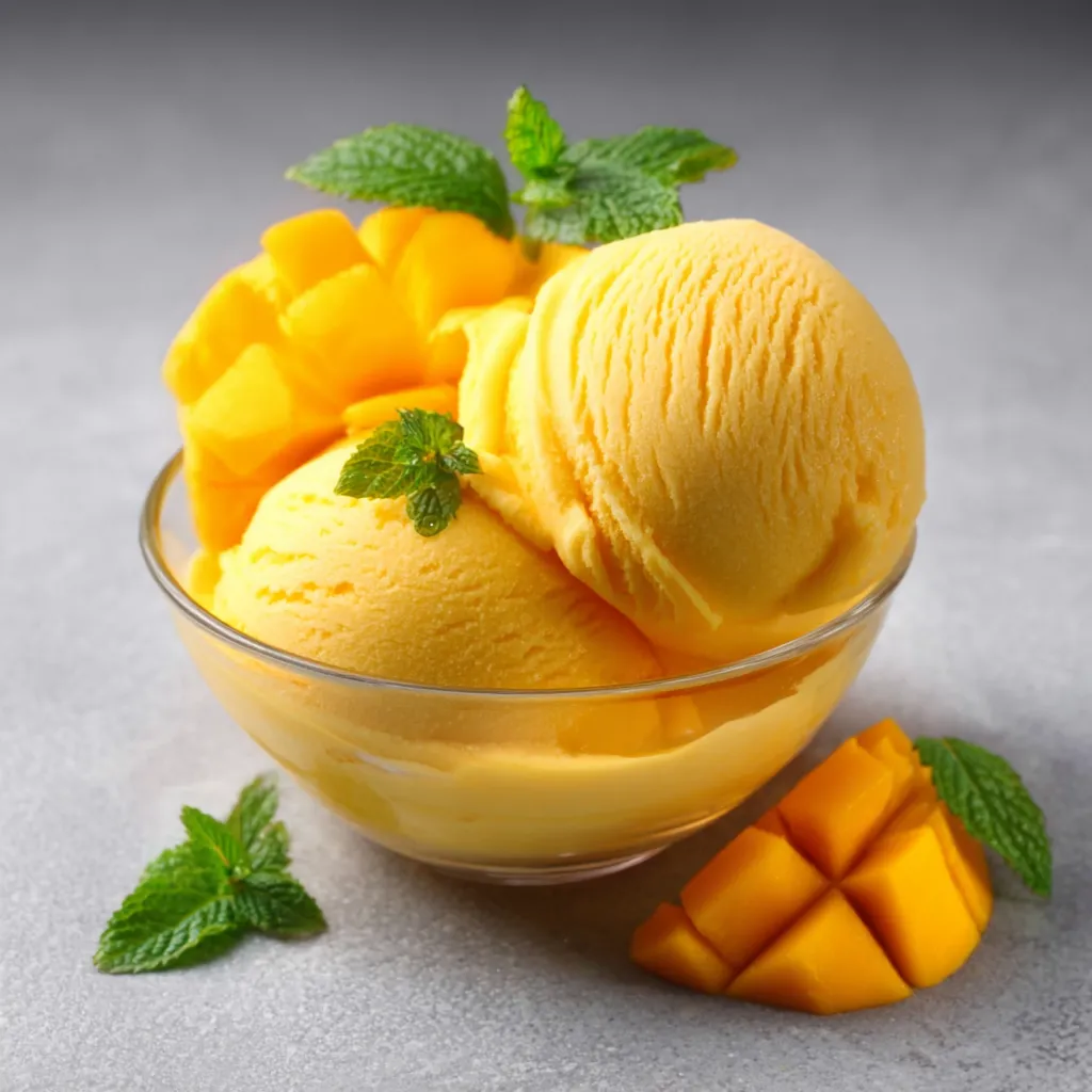 Glace à la mangue maison crémeuse servie dans un bol blanc avec des morceaux de mangue fraîche en décoration