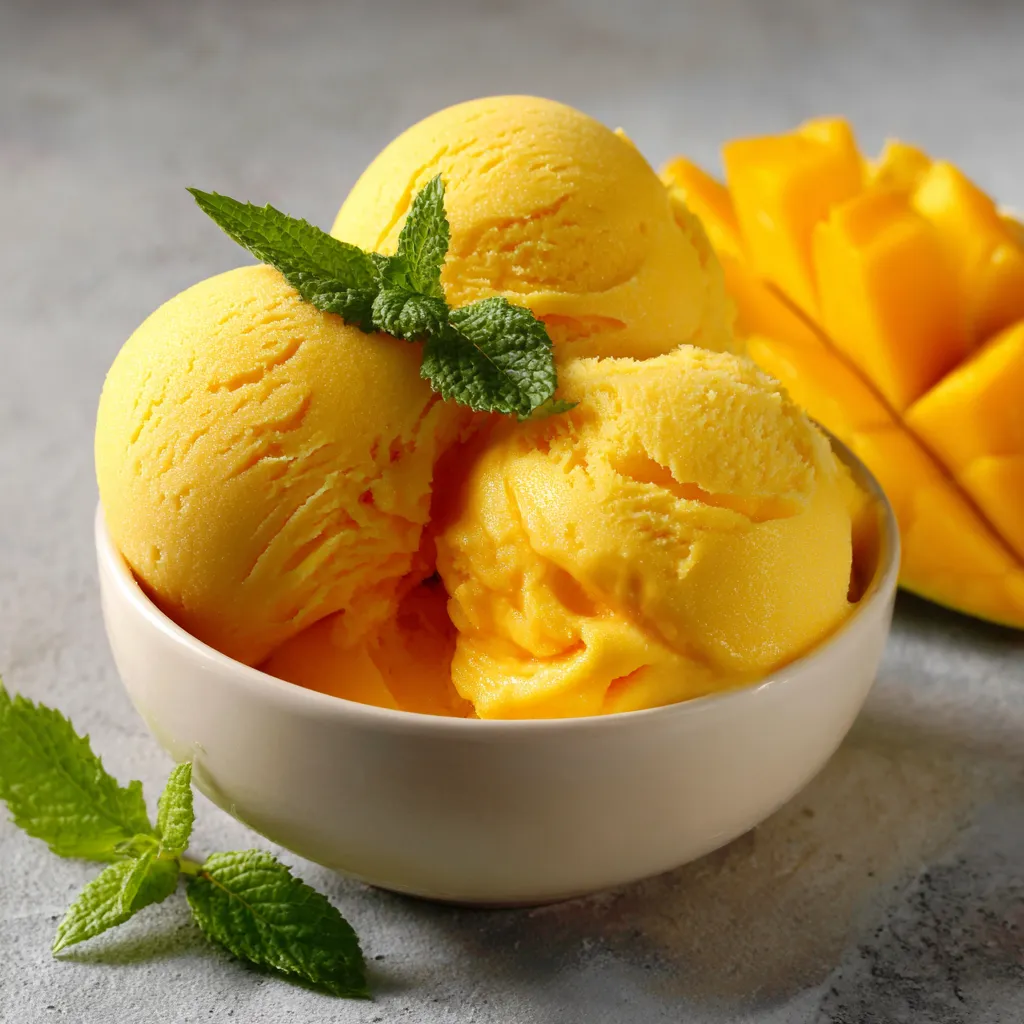 Glace à la mangue maison crémeuse servie dans un bol blanc avec des morceaux de mangue fraîche en décoration