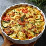 Gratin de courgettes et tomates dans un plat à gratin doré au four