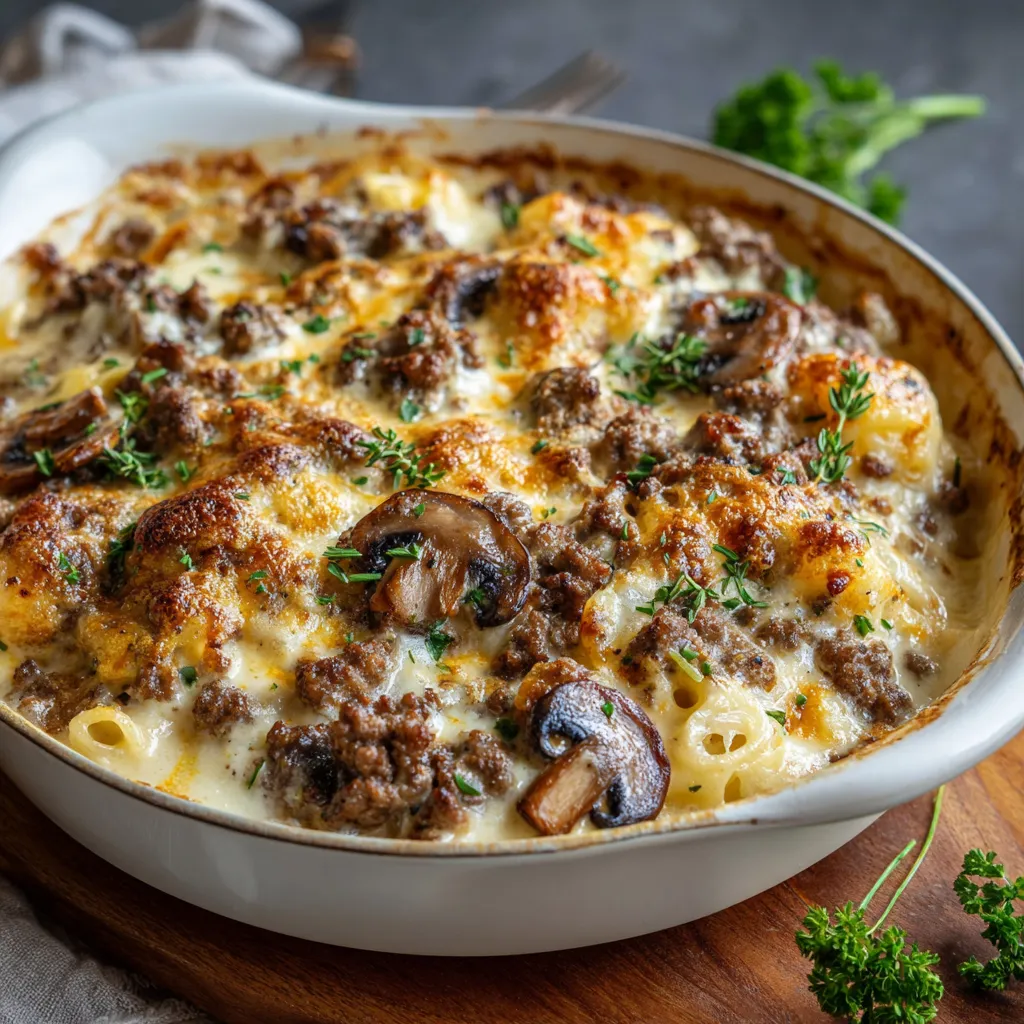 Gratin crémeux aux champignons et au bœuf haché doré au four dans un plat blanc