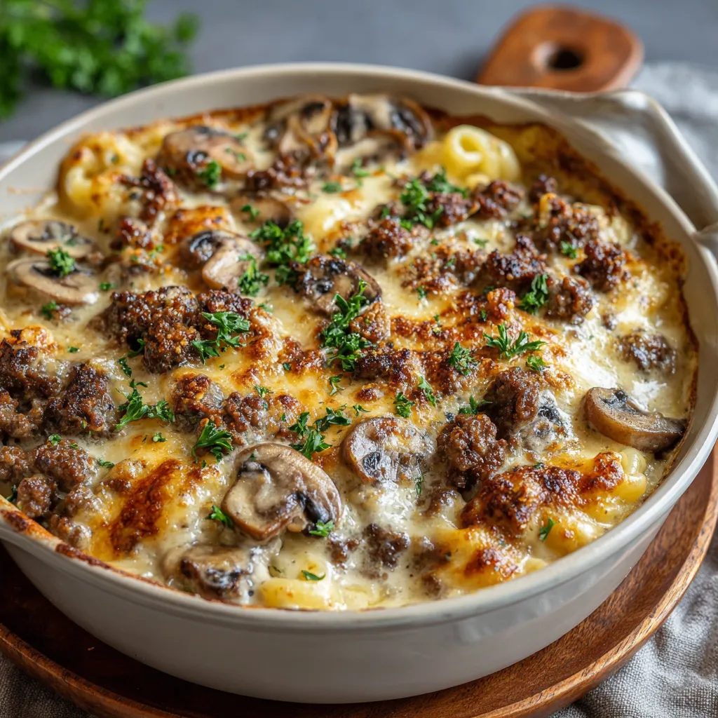 Gratin crémeux aux champignons et au bœuf haché doré au four dans un plat blanc