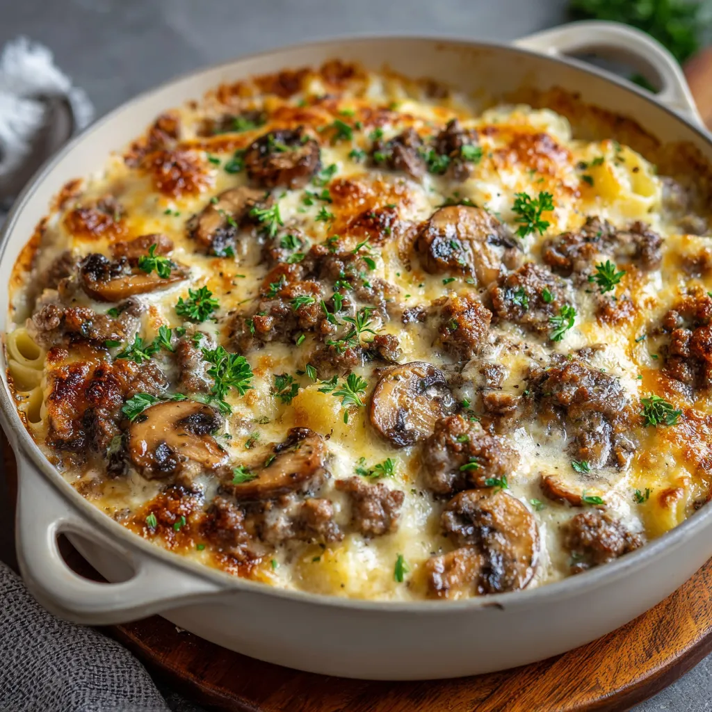 Gratin crémeux aux champignons et au bœuf haché doré au four dans un plat blanc