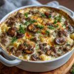 Gratin crémeux aux champignons et au bœuf haché doré au four dans un plat blanc